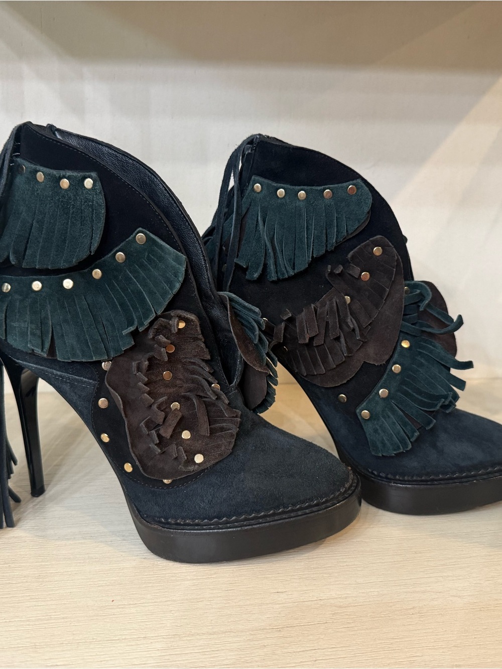 Burberry Women's Black Suede Fringe High-Heel Booties